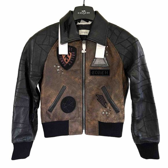 Coach Rare Women’s Embellished Varsity Leather Jacket Patchwork Sleeves Size 0 - Picture 3 of 9